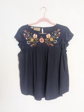 Sears  Roebuck & Co Embroidered Navy Blouse Size Large Vintage